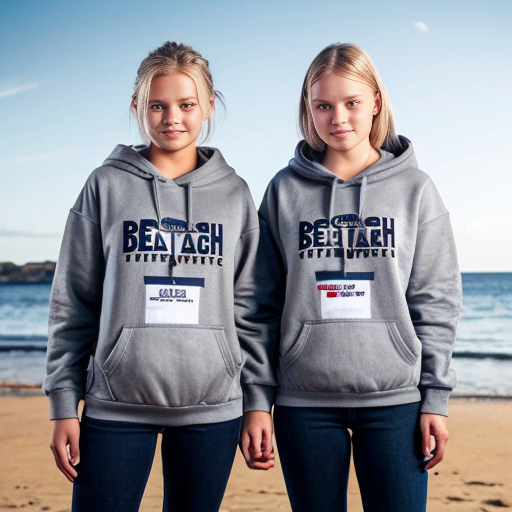 Create an image of two sisters standing next to each other. One of them, the old one, has brown hair and blue eyes. She is around 18 years old and her sisters head goes up to her neck. Her hair is long and silky. The younger sister has blonde hair and blue eyes. She is 13 years old. They are both wearing packing hoodies and baggy black jeans. The hoodies are dusky grey with your Australian flag on them however the jumpers have an old retro sort of vibe. They are at the beach. They have their Arms around each other they are both very beautiful 