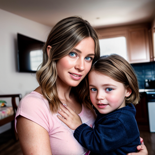 create a family photo of a 27 year old mother with dark blonde hair with blue eyes and her 2 year old daughter with blonde hair with blue eyes in pink at a house