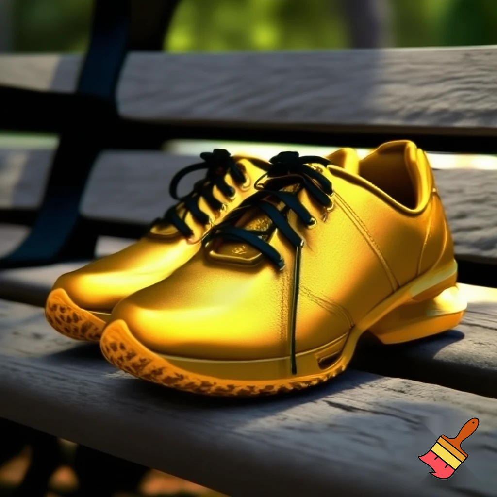 yellow-gold shoes with black laces on a bench