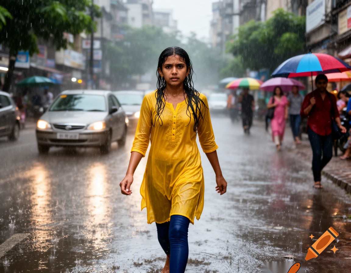 Indian girl walk in heavy 