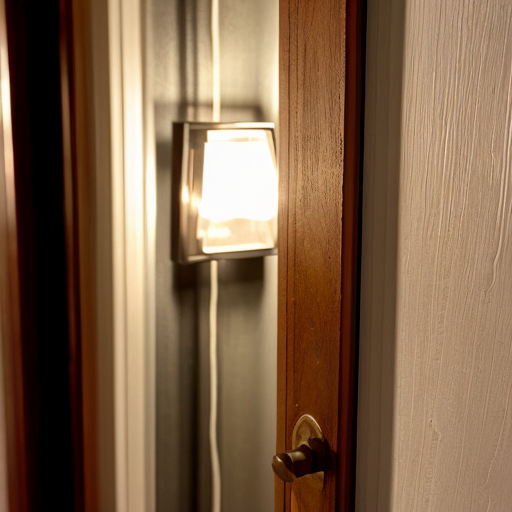 Close-up of room number 213 outside hostel room door, dim corridor light flickering