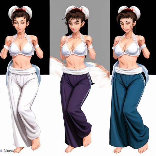 90's disney's 2d aladdin style comic black background and panels of panel 1 brown haired chun li with brown harem pants and blue bra and white sash and white curved slippers with both hand palms place together and hiding the bottom of her mouth with a blue veil wrapped around her arms and shoulders. 
panel 2 she danced with brown harem pants and blue bra and white sash and white curved slippers with blue veil wrapped around her arms and shouldersand raising legs and bounced up and down her belly and shook her hips left and right. 
panel 3 as brown haired chun li with brown harem pants and blue bra and white sash and white curved slippers with blue veil wrapped around her arms and shoulders spreading her arms, happily revealing her face to the viewer and giving a smile as she turns around shook her butt left and right. 
Panel 4 as brown haired chun li with brown harem pants and blue bra and white sash and white curved slippers with blue veil wrapped around her arms and shoulders started to fading away , except her belly, which is bouncing around. 
Panel 5 then the ball transforms into the fading in belly of black haired juri han with cone shaped hair buns barefoot with white harem pants and dark purple bra and black sash and with dark purple veil wrapped around her arms and shoulders with her swaying her hips. 
Panel 6 black haired juri han barefoot with cone shaped hair buns with white harem pants and dark purple bra and with dark purple veil wrapped around her arms and shoulders