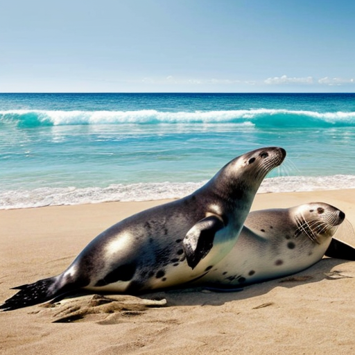 generate me an image of a beach full of happy Neil the seals with unlimited fish as food