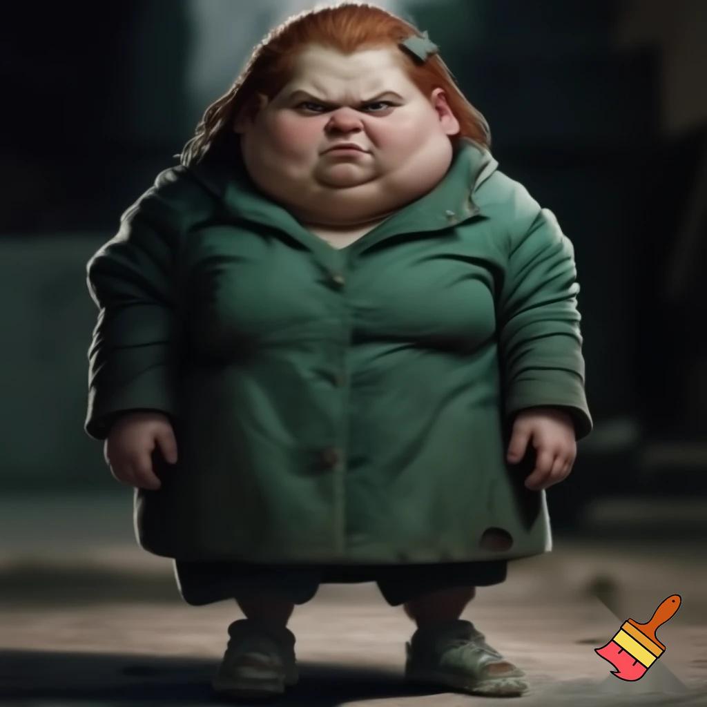 A fat lady that wears a green coat, has bulging ankles, dirty sneakers, loose fleshy cheeks, neck covered by fat, sparse red hair pinned back by a plastic barrette, tiny face features, small blue eyes, and looks intimidating.