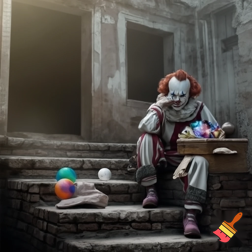 A sad clown sitting on a stone staircase in front of a dilapidated old house in shades of gray, holding his cheek in despair, with a sorrowful smile on his face. Beside him, there is a box containing circus props. The scene is bathed in soft natural light, creating a calm and melancholic atmosphere, with cinematic depth and detailed textures. Ultra-realistic, 4k, cinematic realism.