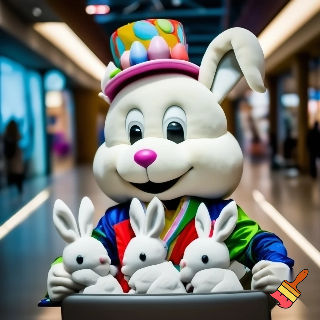 Easter bunny mascot costume top hat shopping Centre colourful jacket  colourful top hat Easter bunnies chair in the shopping centre