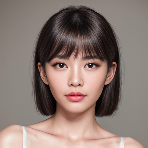 年轻东亚女性肖像，鹅蛋脸配柔和下颌线，小巧尖下巴带浅美人沟，饱满苹果肌，大而圆的杏眼，明显开扇型双眼皮，扇形浓密上睫毛8-10毫米，下睫毛稀疏，尖锐内眼角微钩，外眼角上扬5-10度，暖琥珀棕色瞳孔带明显高光，突出月牙形卧蚕，自然弧形平直眉，深棕黑色发色，鼻梁挺直微驼峰，水滴形鼻头软组织丰厚，鼻唇角90度，饱满嘴唇明显唇峰，上下唇比例2比3，自然粉色渐变唇色，嘴角自然或微下垂，零毛孔瓷肌，冷调一白肤色，太阳穴隐约可见血管，黑色长直发配空气感薄刘海，鬓角修饰下颌线，面部肌肉完全放松，失焦梦幻眼神，清纯疏离交织表情，45度角柔和摄影棚打光，浅景深，85毫米镜头人像摄影，超写实，8K画质，皮肤纹理细节
