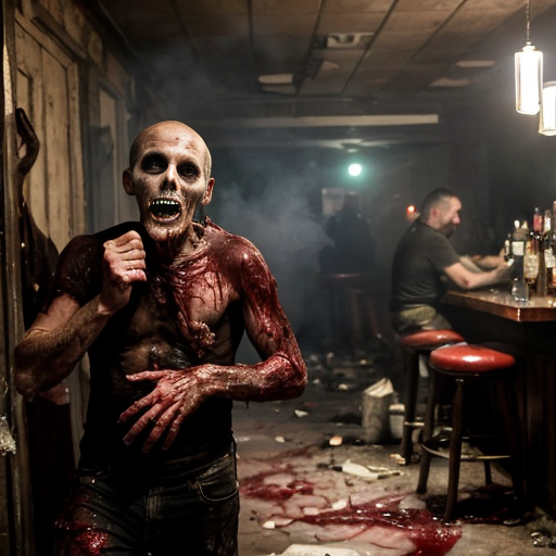 a dimly lit, smoke-choked dive bar plunged into chaos as rotting, Fulci-style zombies burst through the shattered front door and windows. Their decayed faces glisten with wet, stringy gore, eyeballs milky-white or dangling from sockets, as they lurch forward with grotesque hunger. A bartender’s head is halfway torn off, arterial spray arcing across the neon beer signs, while a patron screams mid-bite, intestines spilling from a zombie’s fist like wet rope. Glass shards and broken stools litter the sticky floor, now slick with blood and spilled liquor. One zombie’s jaw hangs by a tendon, its teeth buried in a biker’s neck as he futilely tries to shove it off, his fingers sinking into its putrid flesh. The lighting—sickly green and flickering—casts everything in a nightmarish glow, amplifying the visceral horror of entrails, shattered teeth, and the gleam of exposed bone