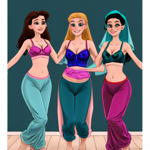 90's disney's 2d aladdin style comic dark blue background and panels of panel 1 anna  with teal harem pants and teal bra and teal  curved slippers with both hand palms place together and hiding the bottom of her mouth with a teal veil wrapped around her arms and attached to her head. 
panel 2 she danced with teal harem pants with teal bra and teal curved slippers and with a teal veil wrapped around her arms and shoulders and raising legs and bounced up and down her belly and shook her hips left and right. 
panel 3 as anna with teal harem pants and teal bra and teal curved slippers and with a teal veil wrapped around her arms and shoulders then spreading her arms, happily revealing her face to the viewer and giving a smile as she turns around shook her belly left and right. 
Panel 4 as anna with teal harem pants and bra and teal curved slippers with a teal veil wrapped around her shoulders and arms started to fading away , except her belly, which is bouncing around. 
Panel 5 then the ball transforms into the fading in belly of blonde haired rapunzel barefoot with pink harem pants and pink bra and pink veil wrapped around her arms and shoulders with her swaying her hips. 
Panel 6 rapunzel barefoot with pink harem pants, pink bra and pink veil wrapped around her arms and shoulders and with her hand palms place together between her chest and she gives a smile and blowing kisses at viewer. 