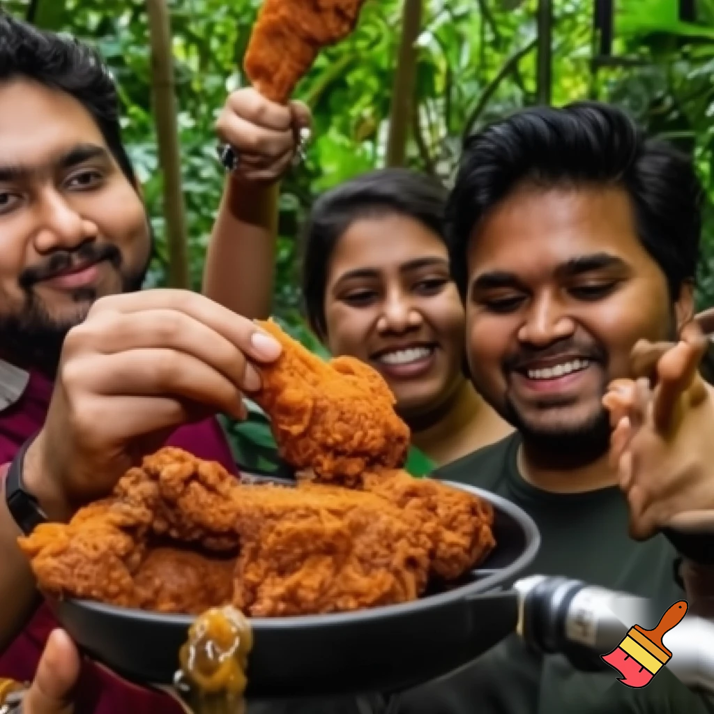 Hazme una grupo de personas en la selva cocinando pollo frito KFC
