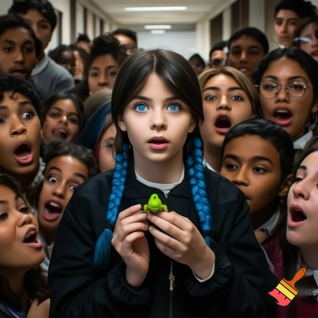 girl with blue braid and has a black jacket with blue eyes holding a frog all the people are looking at the frog scared at shcool the people opened there jaw