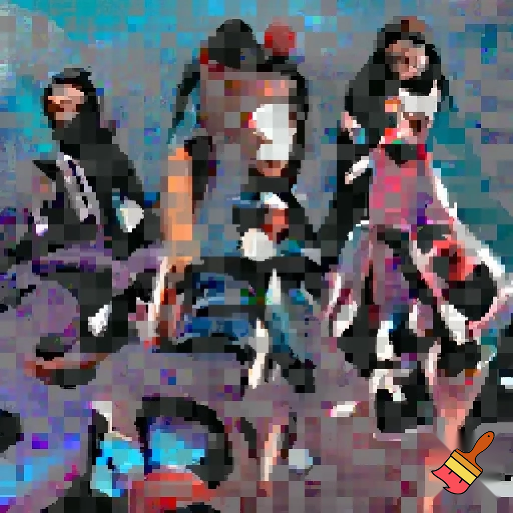 claudia sheinbaum holding hands with the devil and smiling, full body, and deep down people smiling with long weapons