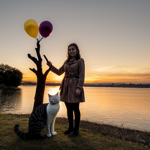 Portrait A sunset with a Jewish star in the middle glowing, a cat with tree legs and no tail sits on it. While a girl stands in the middle holding a balloon