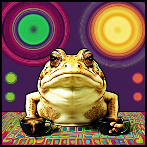 A hillarious, funny boho toad with some hippie colored coffee cups. Psychedelic decorated background.