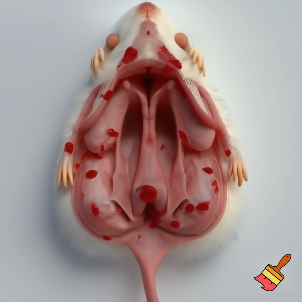 为我生成一张图片，图片中展示一个仰卧的小白鼠，在脑部、心脏、下腔静脉、后肢和肠系膜部位指示有血栓形成。