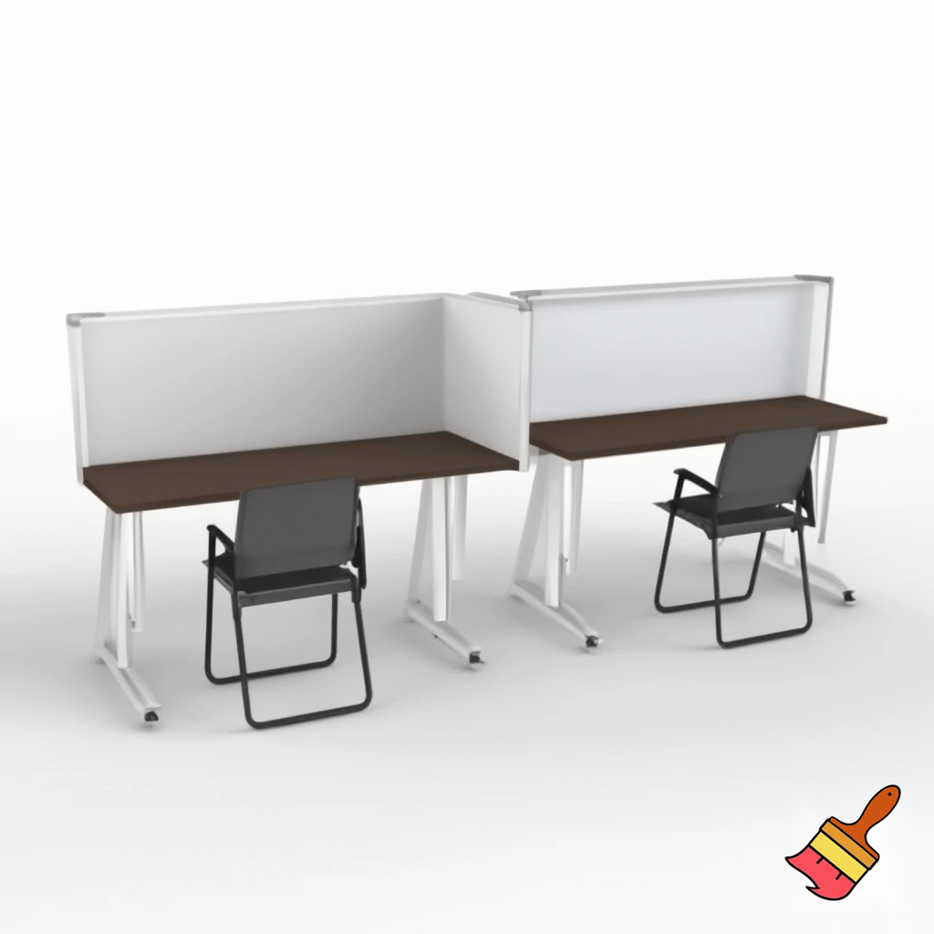 en arbejdsstation , som består af 2 væg 1,5 m høje ( på den ene - er whiteboard, på den anden - en skærm), med et klapbord på den ene side af hver væg, 2 stole på begge sider af hvert klapbord