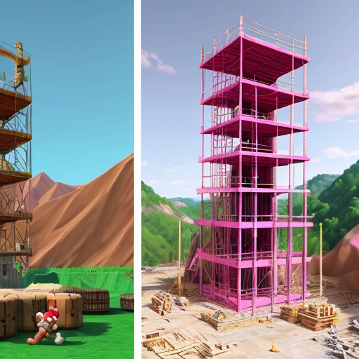 a pink construction site with a bunch of tilted pink layers with blue ladders going to each one and at the top there's donkey kong and at the middle a mario with red overalls and and a blue shirt and there's barrels on the tilted pink layers