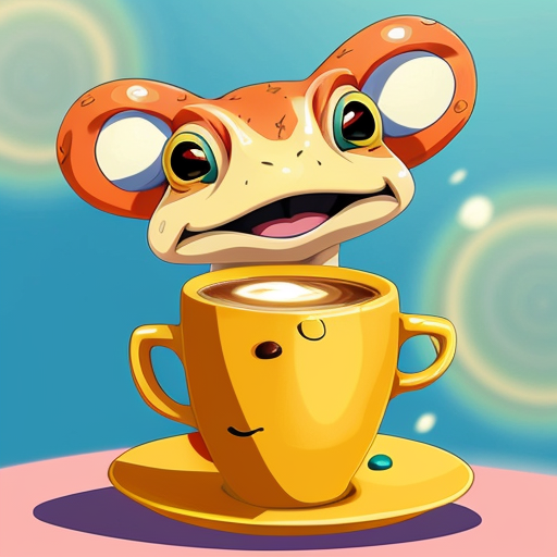 A hillarious, funny boho toad with some hippie colored coffee cups. Psychedelic decorated background.