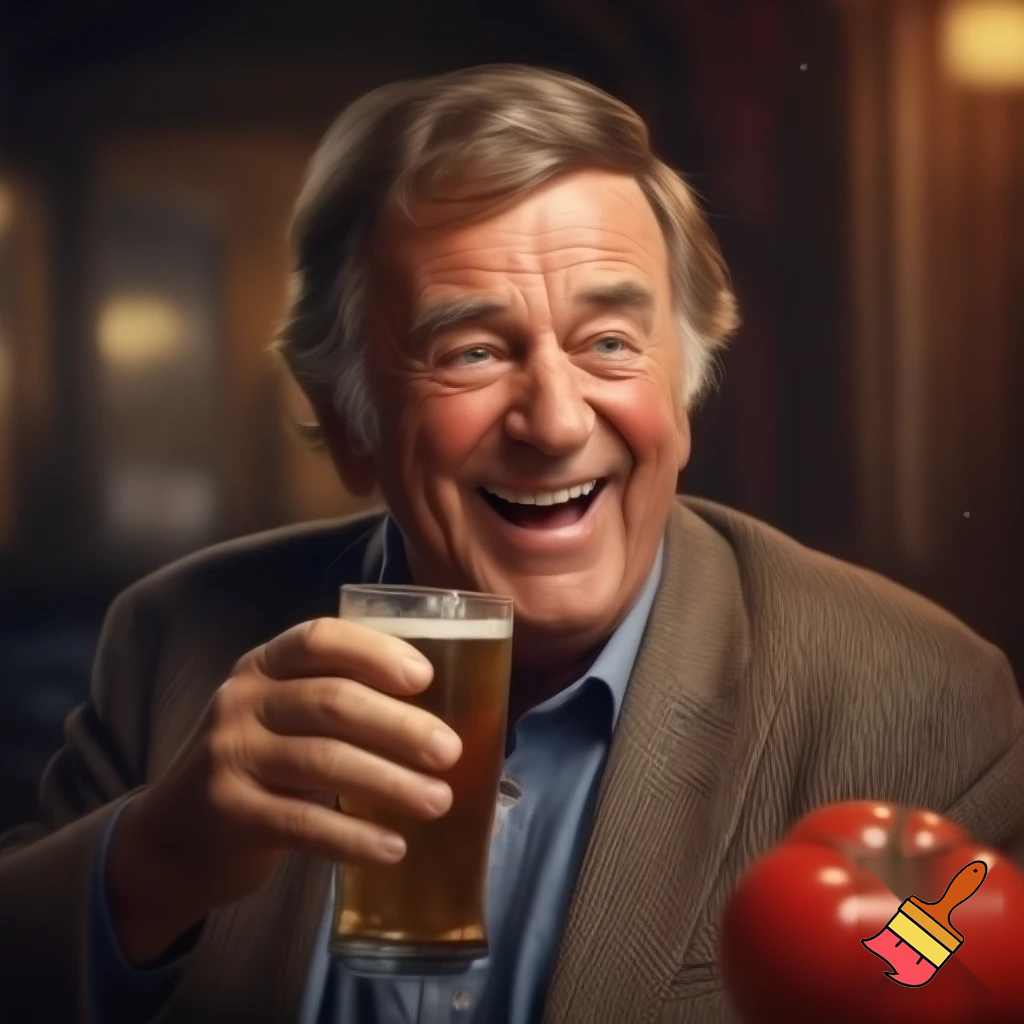 Terry Wogan with a pint of beer laughing at a tomato 