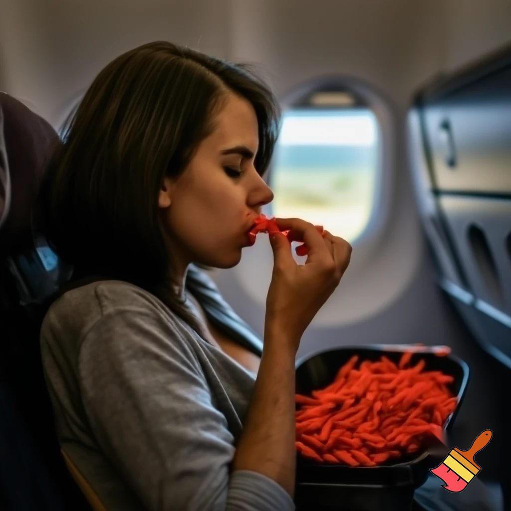 woman in a plane eats alot of hot cheetos