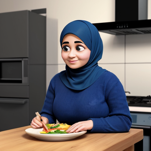Мультяшный 3D стиль Pixar, упрощённые мультяшные черты, яркие дружелюбные цвета, уютная кухня. Мусульманская мама 35-40 лет, полностью покрыта голубым платьем, округлое мультяшное лицо, большие простые глаза, готовит на плите. Сын, 20 лет, синяя толстовка, чёрные джинсы, короткая мусульманская причёска, мультяшное лицо, большие выразительные глаза, сидит за столом. Постоянный персонаж, одинаковая одежда и причёска, повторяемый дизайн персонажа, кинематографическое освещение.