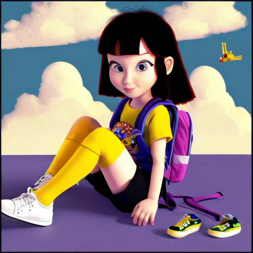 Little Dora purple backpack pink t-shirt orange sex short pants yellow socks white sneakers on a sitting big Cloud ride flying in the Sky the 1990s/early the 2000s mario