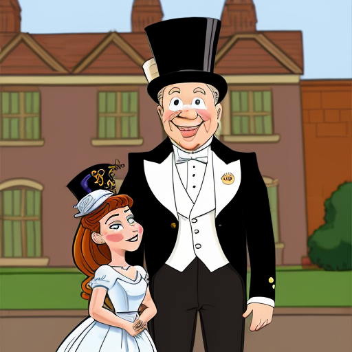 Cartoon Lottie from princess in the frog standing next to a man in a suit (the mayor)
	•	City building or mansion behind them
Details: top hat, cane, steps
