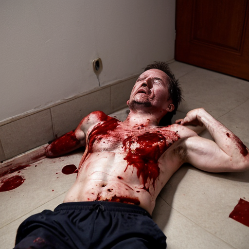 A shirtless random man (neighbor), face are hiding by shirt, died already, chest open wounded, blood everywhere, eye closed, floor on corpse.