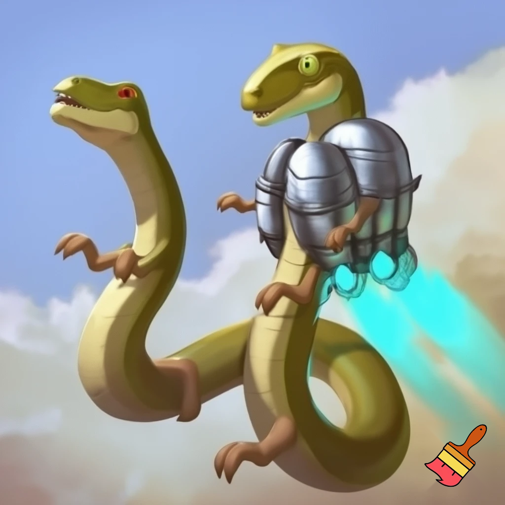 A snake with t-Rex arms and legs that has a jetpack