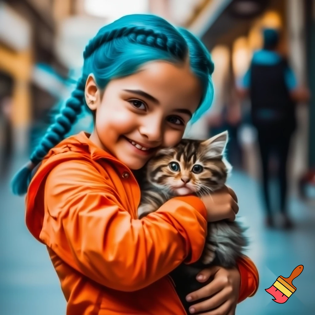 a girl with blue hair braid and a orenge jacket holding a cat and a smle all the people like her