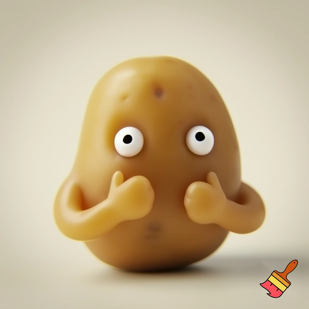 a cute potato having eyes and hands saying cheese
