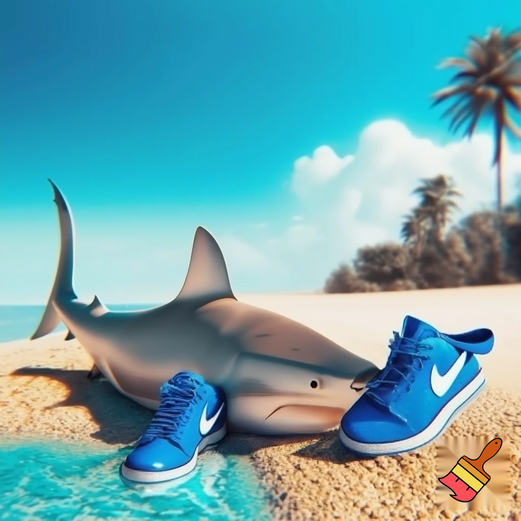 shark with blue Nikes on the beach