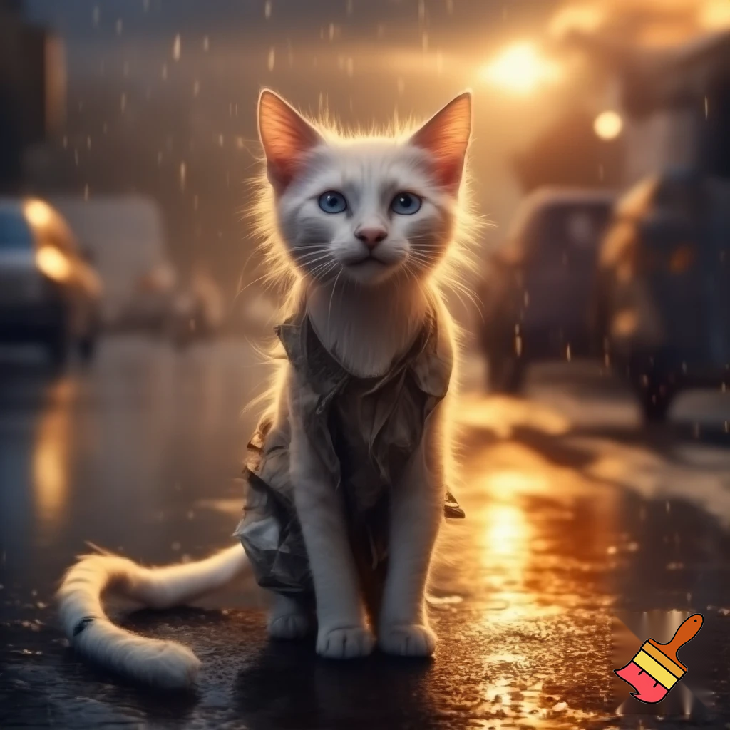 Beautiful 24-year-old white catgirl in torn dirty rags, **NOT pregnant**, slim waist, walking rainy Karachi street at golden hour, white cat ears drooping, long white tail dragging, icy blue eyes full of hope, bright sunlight beams, sparkling wet fur, emotional cinematic portrait, 8k