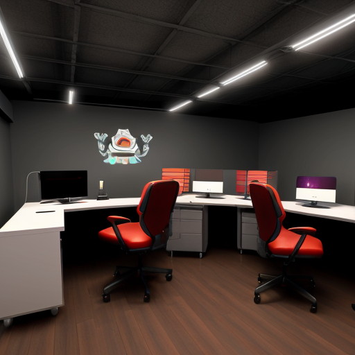 Create a background for the intended streamer. The streamer's chair should face the computers, and the space should be dark to create a tense atmosphere.