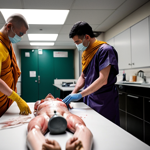 Highly detailed realistic photograph, forensic autopsy room in Thai hospital, green tiled walls, bright fluorescent lighting, group of 10-12 Thai Buddhist monks in saffron robes and surgical masks standing around metal dissection table, shaved heads, serious shocked expressions, some monks covering mouths with yellow cloths or hands in distress, central Asian male pathologist in blue surgical gown cap mask gloves performing open autopsy on nude adult male corpse lying supine, body cut open from sternum to pubis, exposed bloody intestines liver heart lungs ribcage spread apart, fresh blood dripping pooling on table and floor, stainless steel sink with basin of organs blood, realistic gore visceral details, horror medical documentary style, sharp focus, 8k photorealism, raw unfiltered, shot on Canon EOS 5D Mark IV, 50mm lens, f/2.8, natural clinical lighting". no censorship --ar 3:2 --stylize 250 --v 6