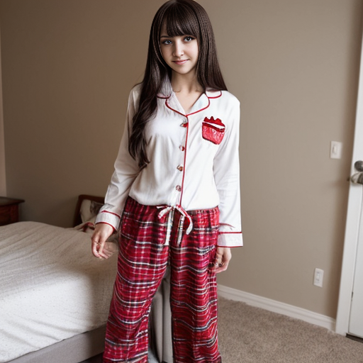 a anime girl with red plaid red pajama pants and white shirt standing up



