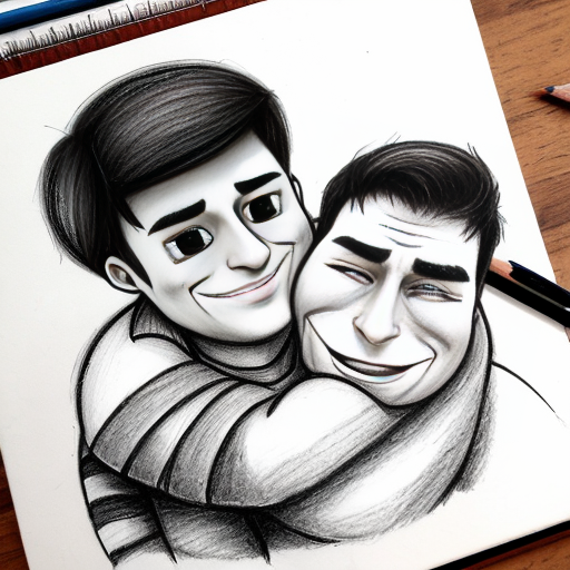 two men cuddling cartoon pencil style
