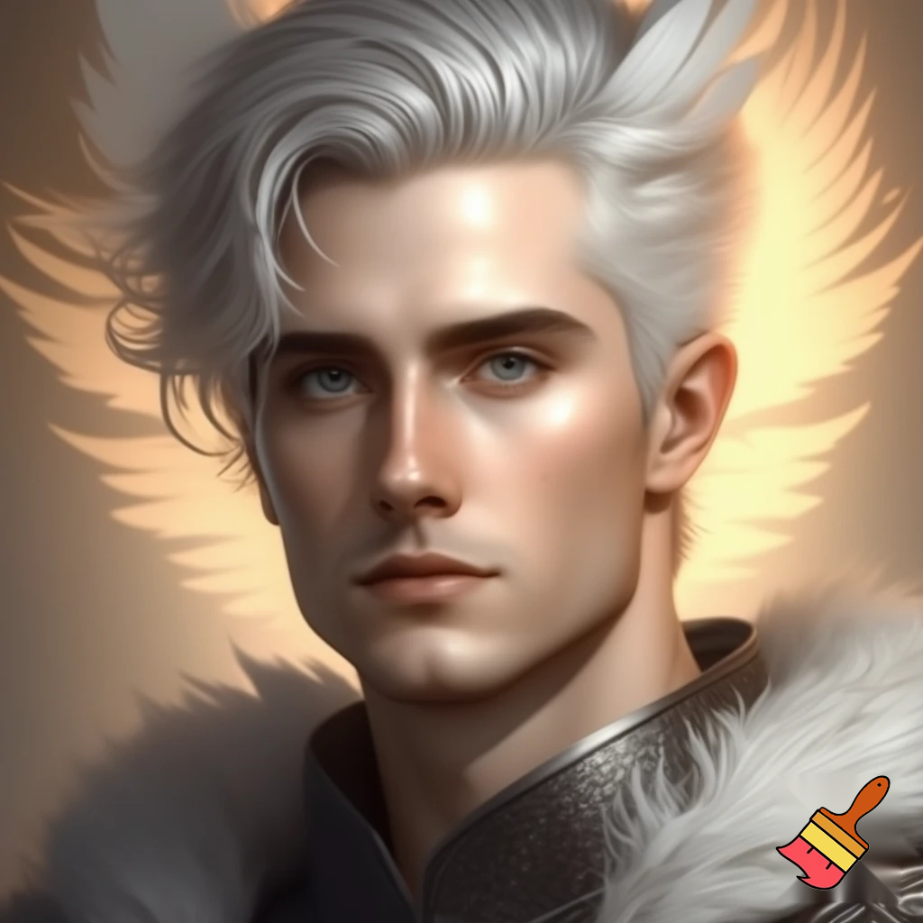  man with angelic short white hair and blueish gold eyes. he is also a knight