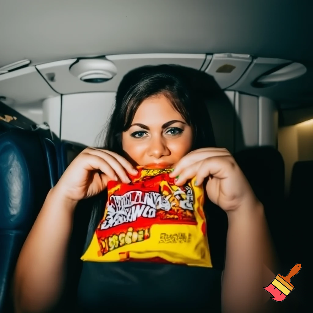 woman in a plane eats alot of hot cheetos she turned fat