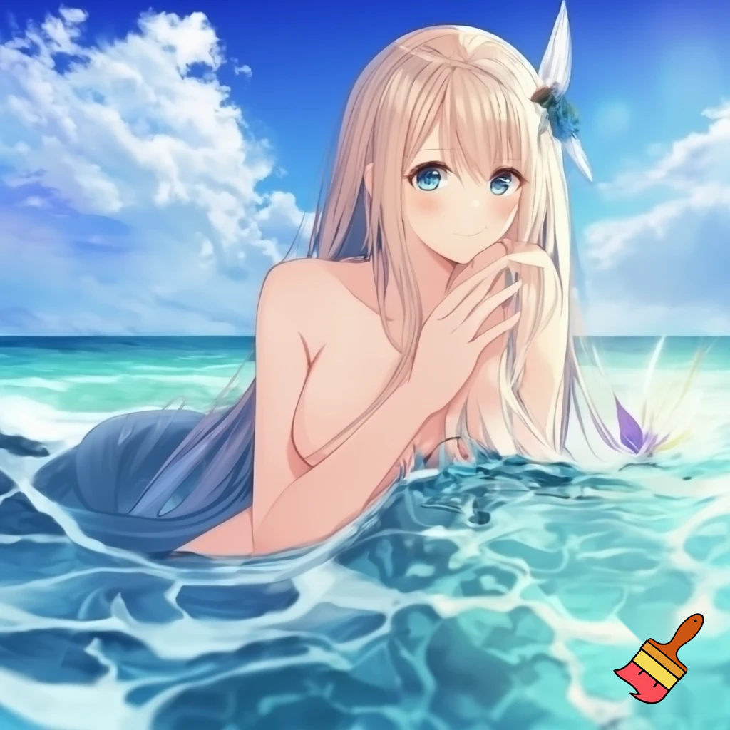 Sexy naked anime mermaid girl at the beach in the water