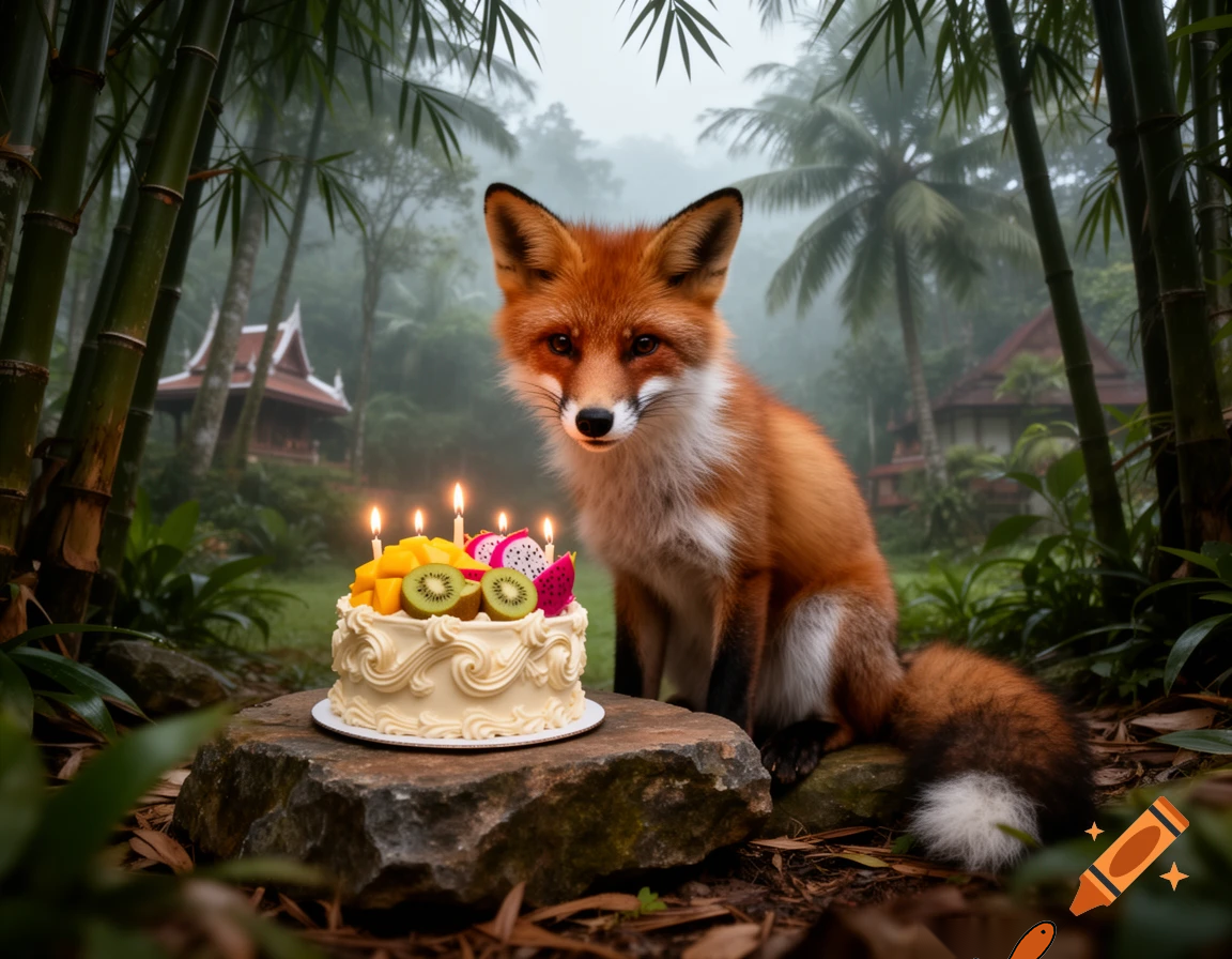 A fox with a birthday cake in Thailand 