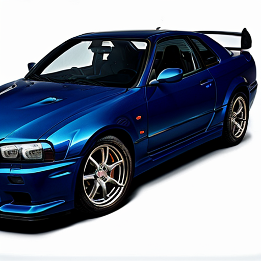 A Nissan skyline R34 and it's logo on the top left corner and the specifications and the top speed 