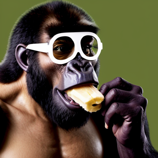 a purple male with glasses and buckteeth eating a banana, a gorilla is in the background looking angry as it was his banana, there is an alien with glasses and holding a green can that says a beer