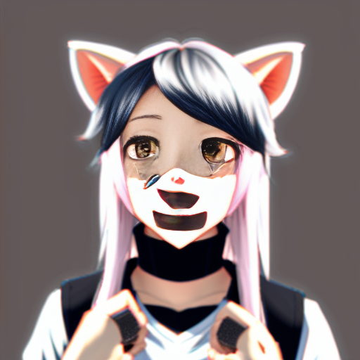 Girl With VERY DARK BROWN (Almost Black) Hair At The Top, An Ahoge Of The Same Color At The Top Of Her Head, Pink Locks In The Middle, And The Very Bottom Of Her Hair Is White, She Has Amber Eyes, One Of Them (Her Left) Is COvered By Her Hair, She Has Fluffy White Inu Ears At The RIGHT AND LEFT SIDES Of Her Head, She Wears An ORANGE Bandana In Her NECK, Dark Grey Longsleeved Shirt Who's Sleeves Are Oversized, A Belt Over A Dark Blue Skirt, And A White Fluffy Inu Tail