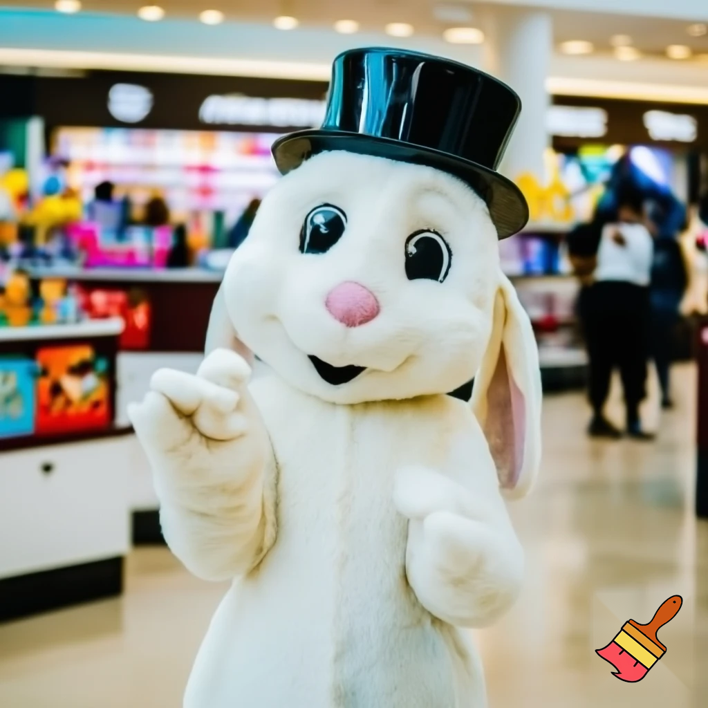 Easter bunny mascot top hat at the shopping centre mascot costume Darrell Lea magic room
