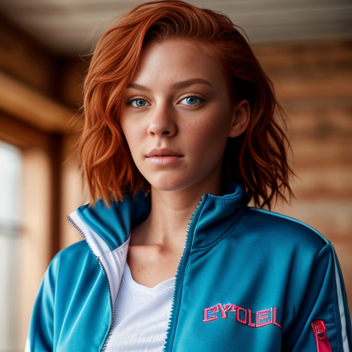 Close-up portrait of a woman with vibrant wavy red hair and blue eyes, wearing a teal zip-up athletic jacket partially unzipped, soft natural lighting, blurred indoor background, photorealistic.