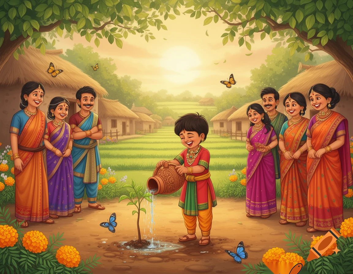 Village people smiling and laughing gently while watching a small boy water a tree, traditional Indian clothes, rural environment, friendly atmosphere, illustrated kids book style