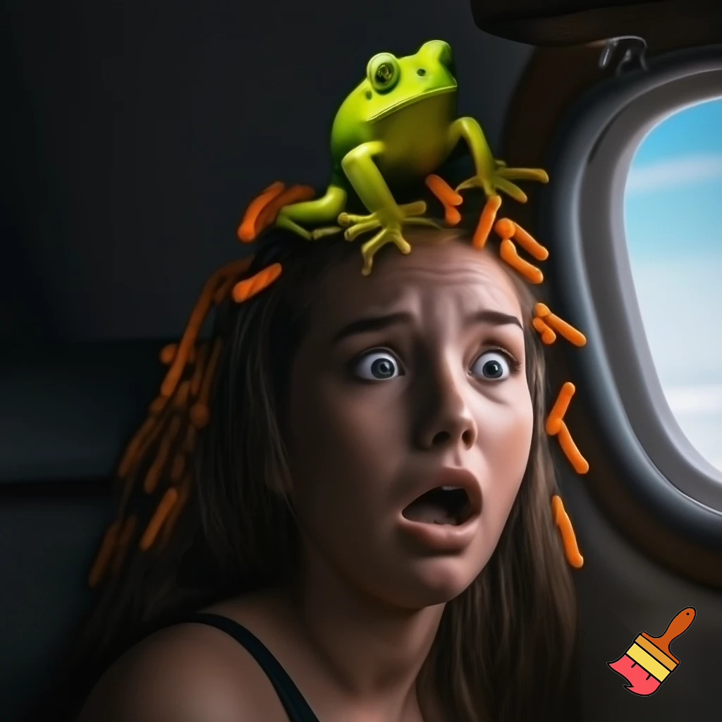 a inpoyle in  a plane is sacred of a frog on her head she scram she put hot cheetos on her head  when the girl done with her flit  the frog hit her head