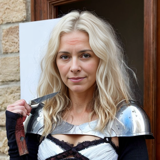 young, tall, white-haired woman in armor is sad because a Turkish man stole her knife.