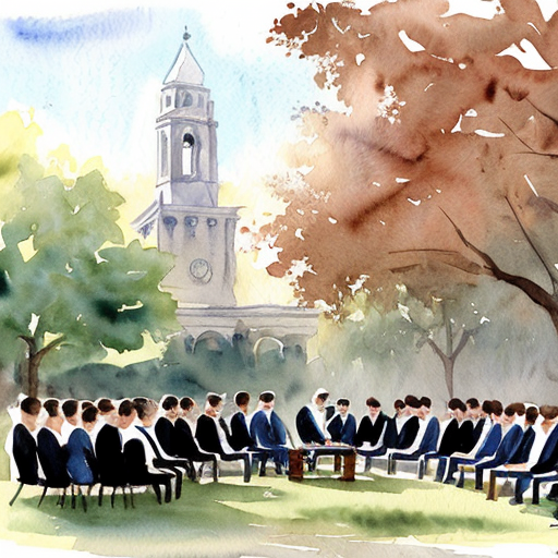 “large university campus full of students in ancient robes, discussion, learning, vibrant environment”